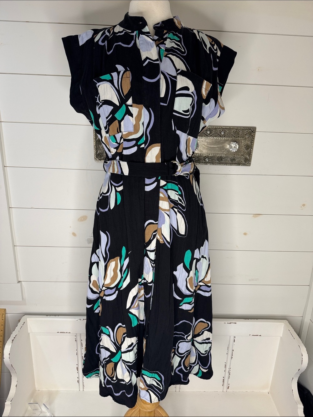 Nine West Black Floral Midi Dress with Belt